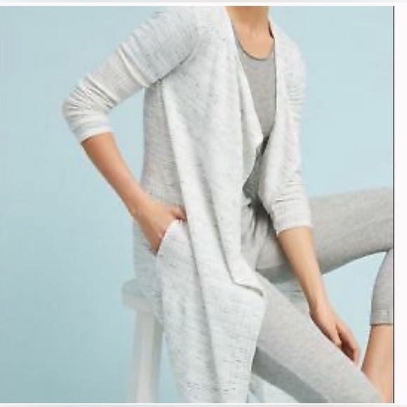 Anthropologie Long Cardigan Duster Lightweight Pockets White Grey Medium Preppy - Picture 3 of 11
